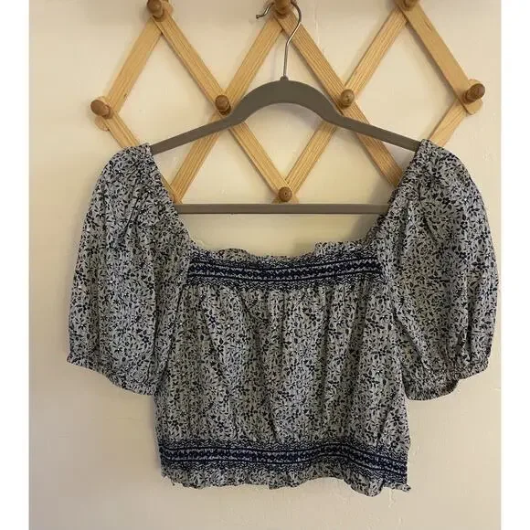 Madewell Top Women's Small Blue Jeanette Florentine Floral Crop Embroidered - Picture 2 of 7